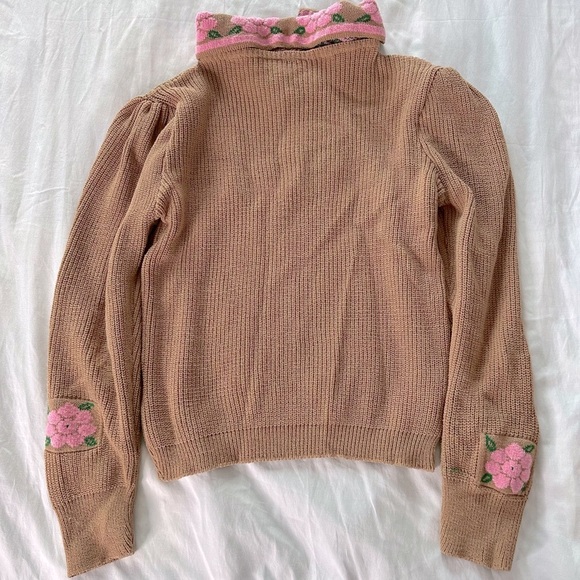 Tan and Pink Crew Neck Sweater with Floral Accents - Picture 2 of 2